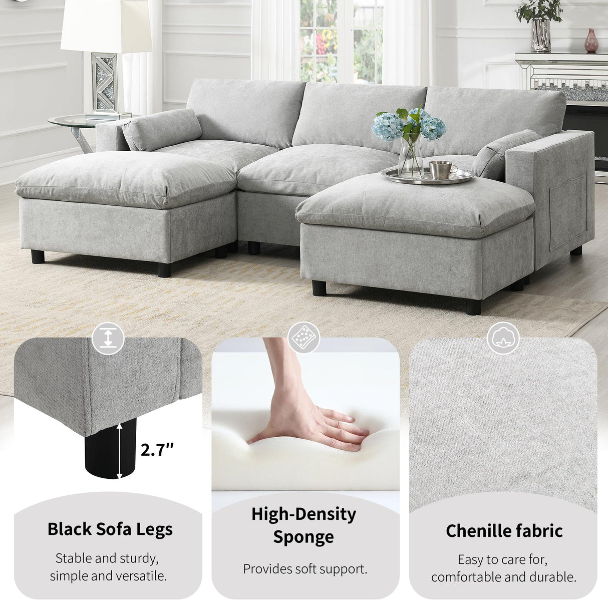 Merax 86.5" Sectional Sofa with Storage Pockets & Removable Ottomans, 5 Seat U Shaped Sleeper Cloud Couch Set, Convertible L-Shaped Chenille Upholstered SofaBed for Living Room and Apartment, Grey Merax