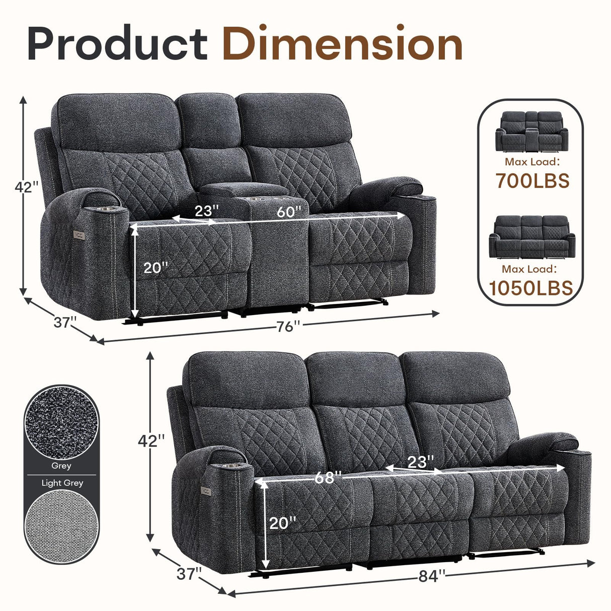 HAOMARKETS 2-Piece Power Recliner Sofa Set with Charging Port, Include 2-Seater Loveseat Reclining Couch with Hidden Storage and Cup Holders and 3-Seater Recliner Couch for Living Room, Dark Grey HAOMARKETS