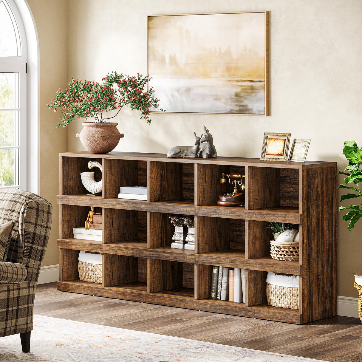 Tribesigns 63-Inch Farmhouse Console Table, 15-Cube Narrow Entryway Table, 4-Tier Wood Behind Couch Sofa Table, All Wood Hallway Table with Storage for Entryway, Foyer, Living Room, Rustic Brown Tribesigns