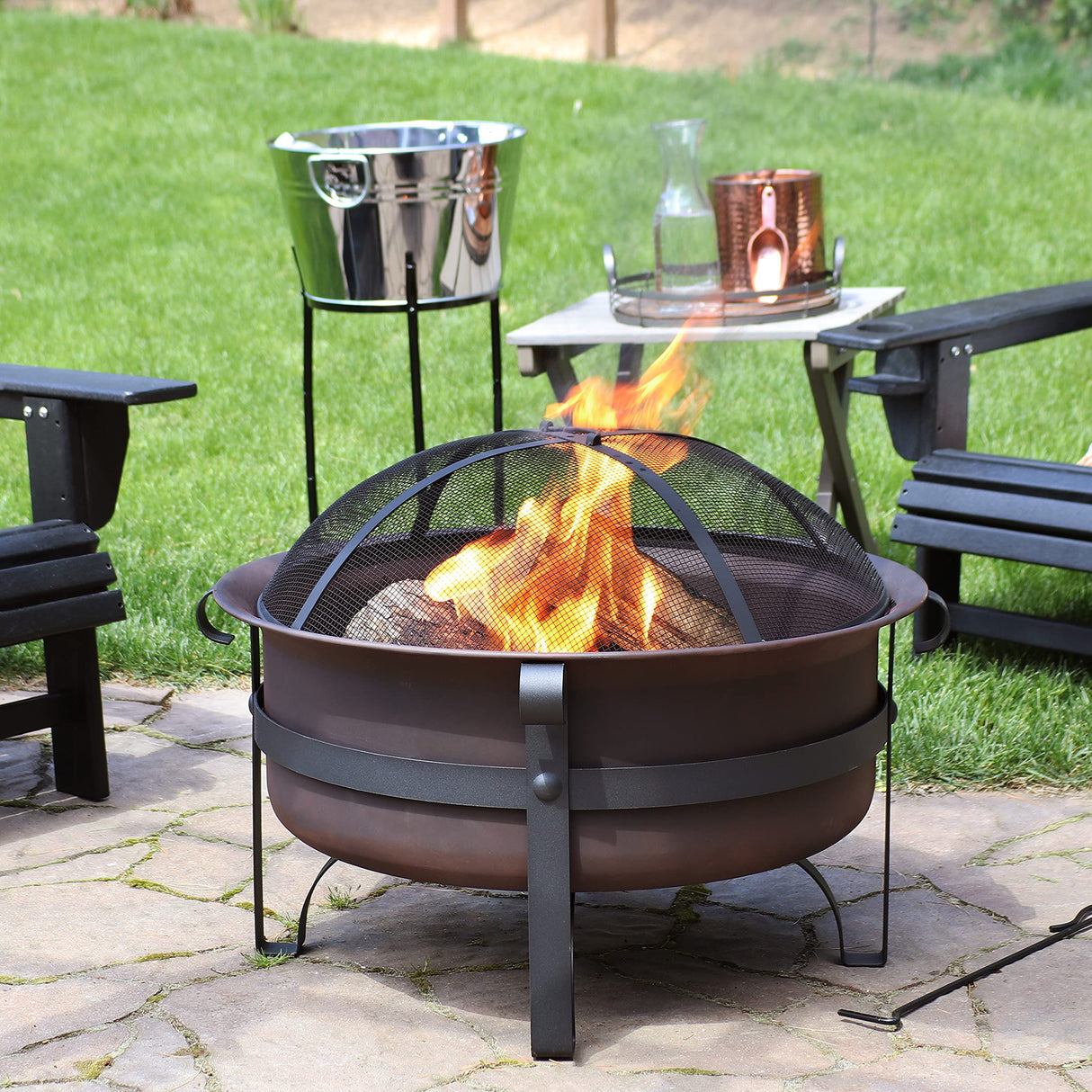 Sunnydaze 29-Inch Bronze Cauldron Wood-Burning Fire Pit Bowl - Includes Portable Poker and Spark Screen Sunnydaze