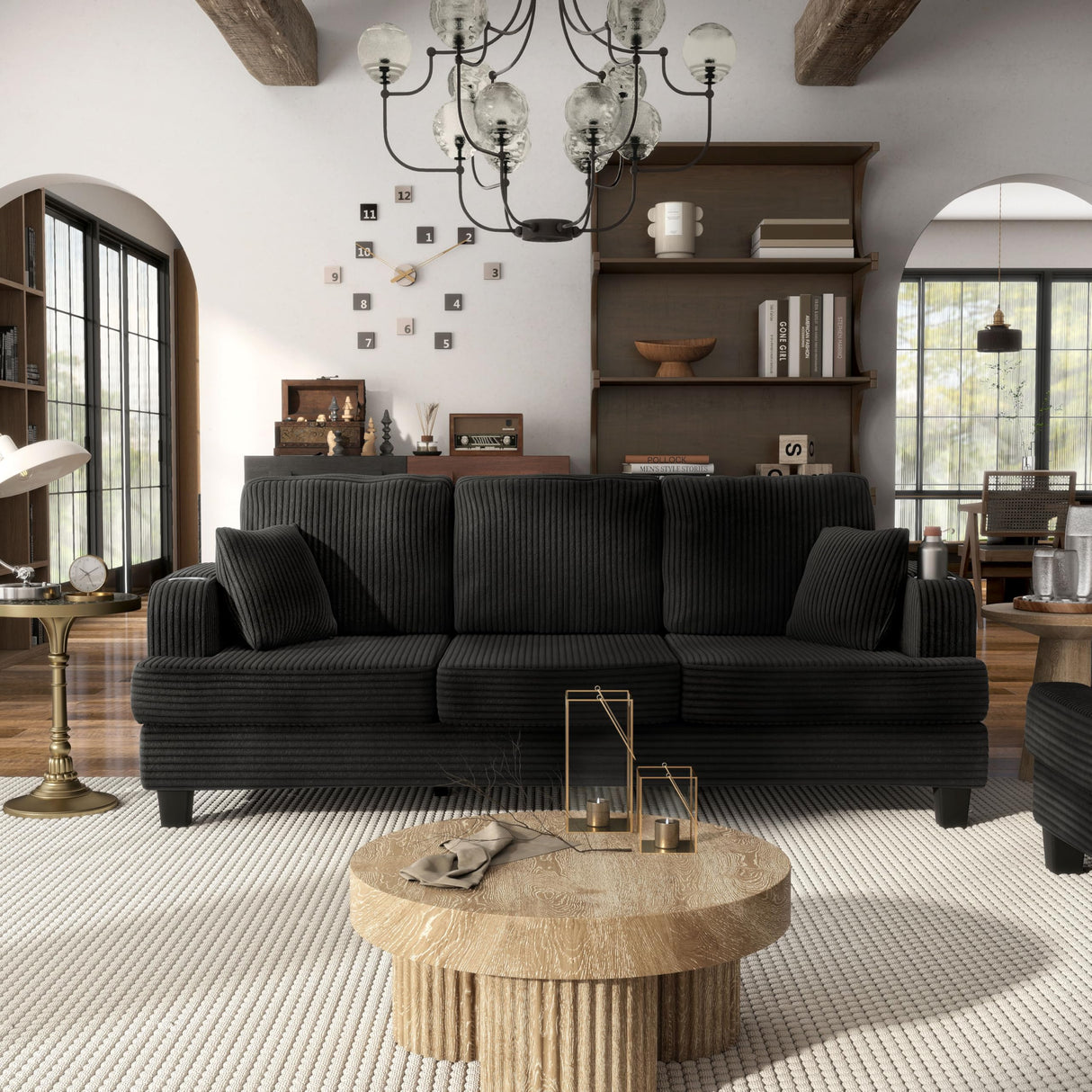 HOMES: Inside + Out Reese Modern Plush Chenille Couch with Side Pockets, Cup Holders and USB Ports, Wooden Comfortable Sofa for Living Room, Bedroom and Office, Black HOMES: INSIDE + OUT