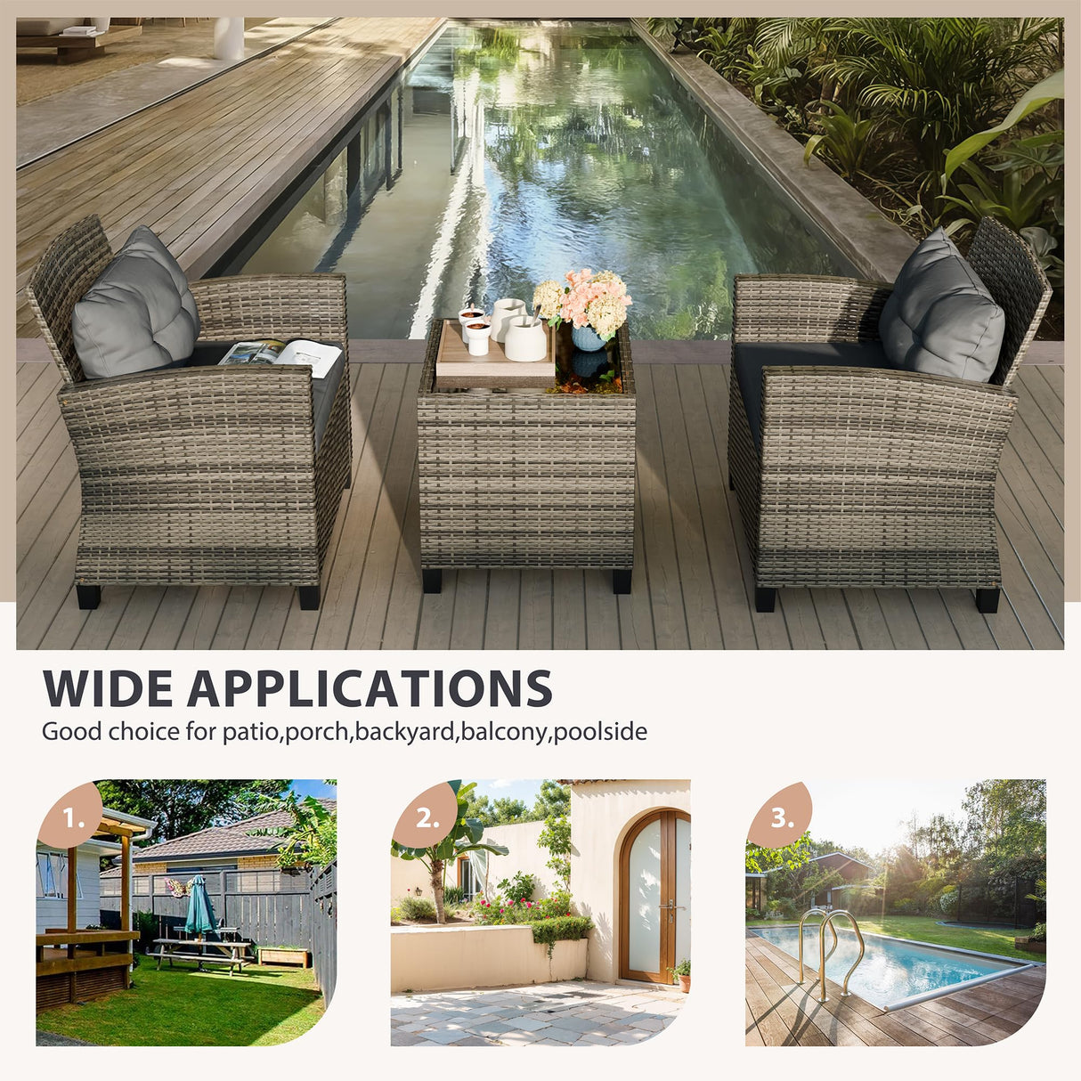 Vongrasig 3 Piece Patio Furniture Set Small Outdoor Wicker Rattan Front Porch Bistro Set Cushioned Patio Chairs Conversation Set with Glass Table for Lawn, Garden, Backyard, Balcony, Poolside (Grey) Vongrasig