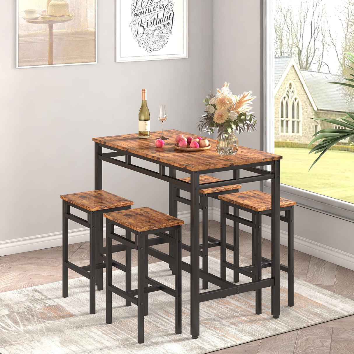 Rustic Brown Industrial 5-Piece Kitchen Bar Table Set with Counter Stools Ball & Cast
