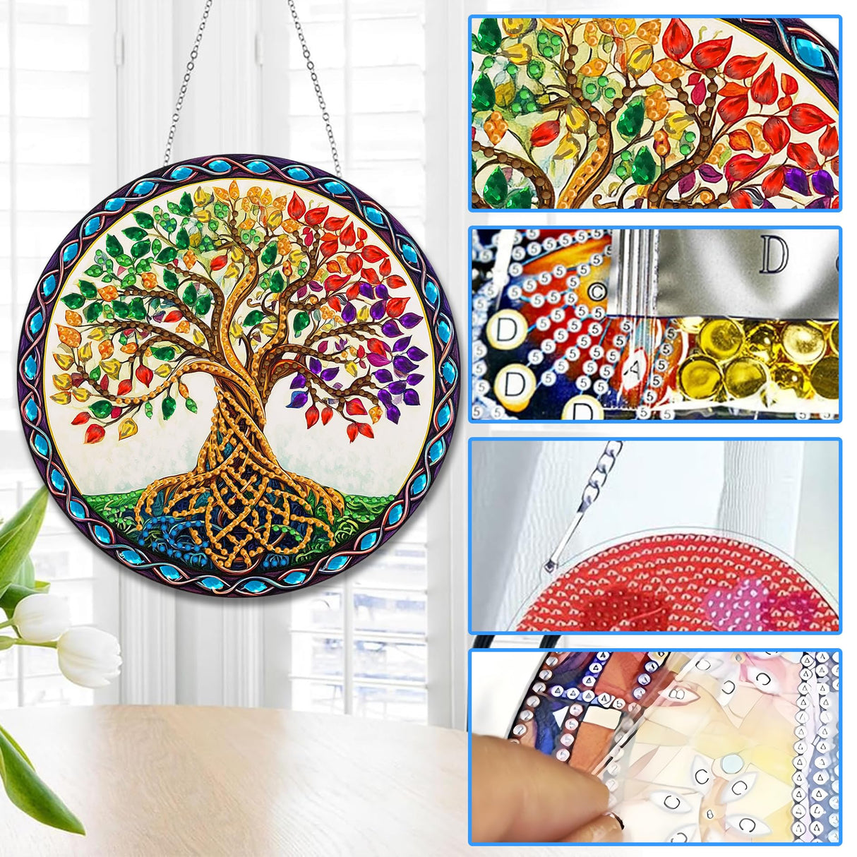 Reofrey Hanging Diamond Art Kits for Adults - 8x8 Inch Tree Acrylic Board Double Sided Pattern Diamond Painting Suncatcher Pendant, DIY Crystal Art for Home Wall or Window Decoration Handmade Gift Reofrey