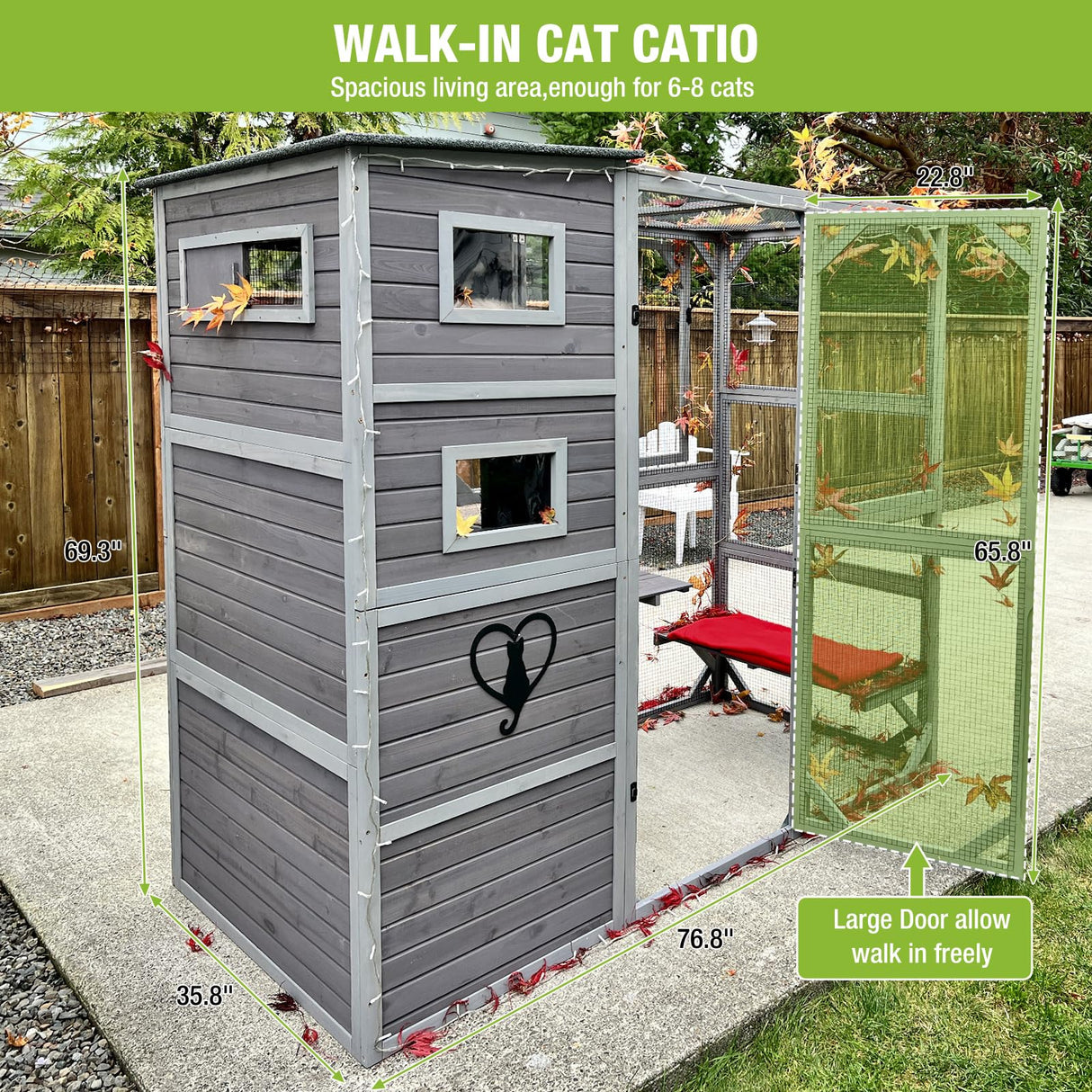 Cat House Catio Outdoor Cat Enclosure 76.8" Large Kitty Shelter for Cats Outdoor Patio,Large Weatherproof Cat Cage with Window,Resting Box GUTINNEEN