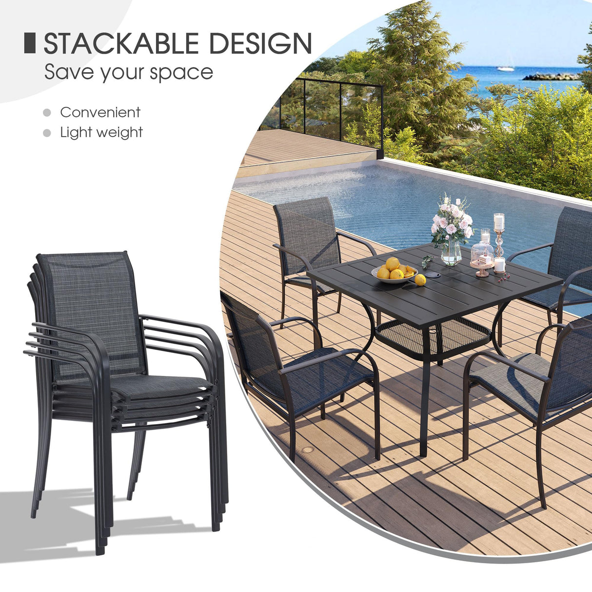 VICLLAX 5 Pieces Patio Dining Set, Outdoor Furniture Set Includes 1 Square Outdoor Table and 4 Stackable Patio Sling Chairs, Black Tabletop and Grey Fabric VICLLAX