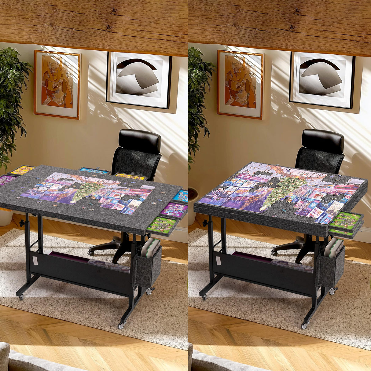 Tektalk 2000 Piece Foldable Felt Jigsaw Puzzle Table with Height Adjustment, Puzzle Board for Adults with 2 Cover & 8 Sorting Trays/Drawers, Easel with Legs, Enclosed with 4 Roller Wheels - Dark Gray Tektalk