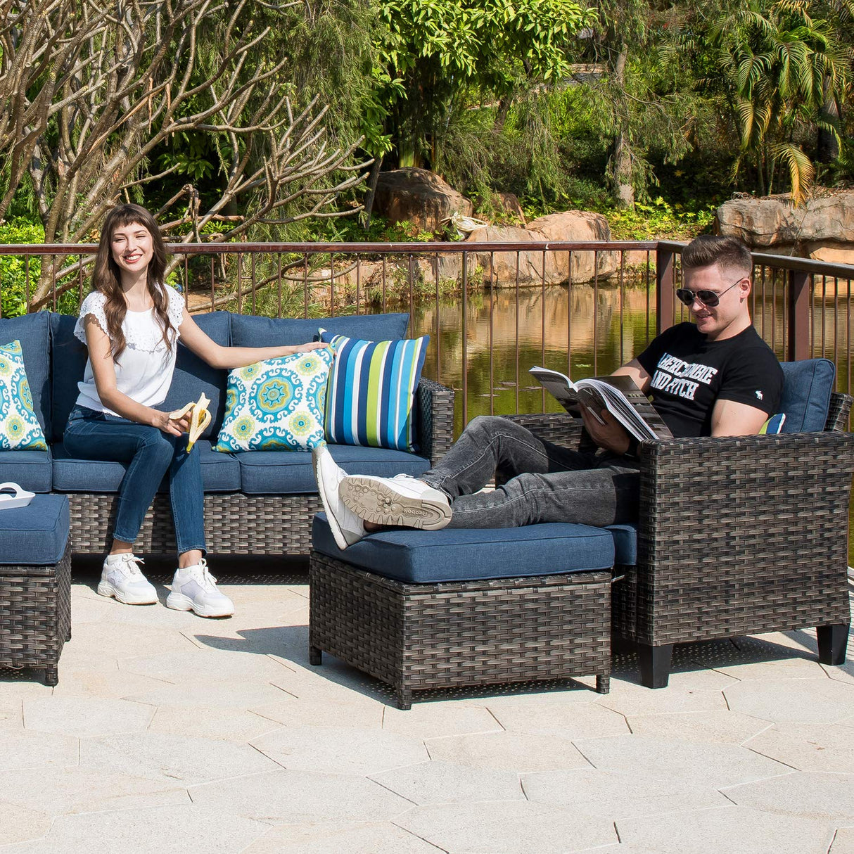 ovios Patio Furniture Set, 9 Pieces Outdoor Wicker Rattan Sofa Couch with 6 Chairs, Ottomans and Comfy Cushions, All Weather High Back Conversation Set Garden Backyard, Denim Blue ovios