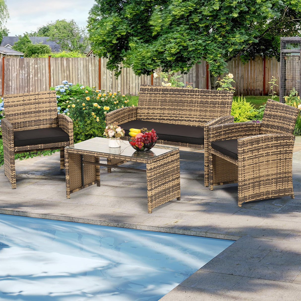 KROFEM 4 Pieces Rattan Patio Furniture Set,Outside Sectional Conversation Cushioned Sofa Set, Wicker Sofa Ideal for Garden, Porch, Backyard, Natural Rattan with Black Cushion KROFEM