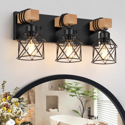FadimiKoo 3-Light Farmhouse Vanity Light for Bathroom, Wood Bathroom Light Fixtures Over Mirror, Industrial Black Vanity Light with Metal Lampshade for Bedroom Hallway Living Room