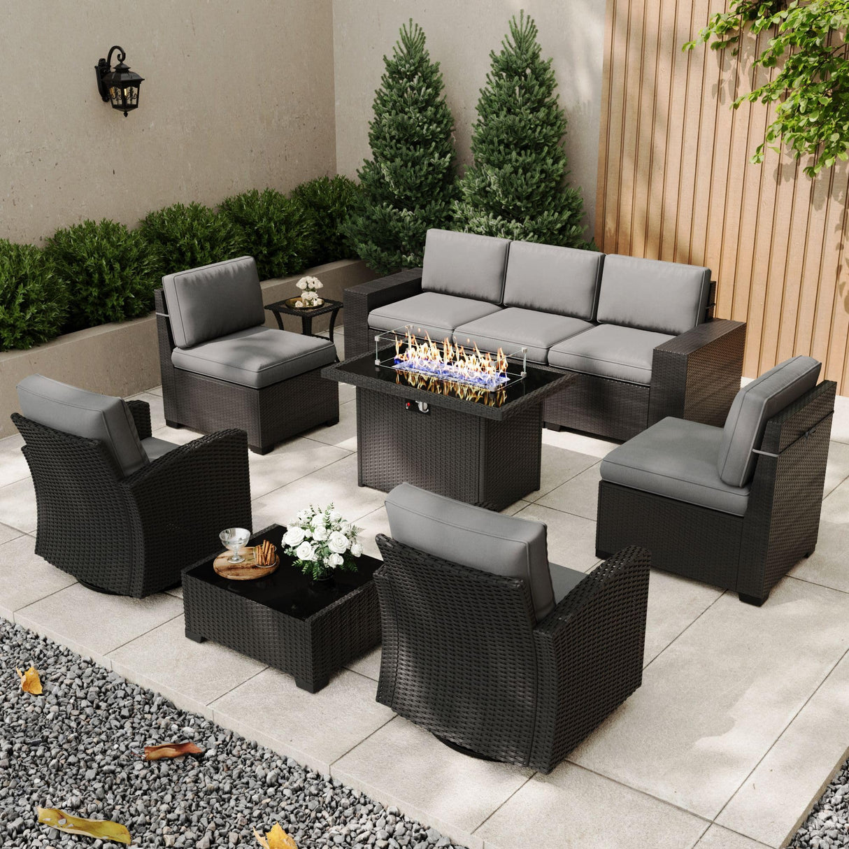 KHOLH Patio Furniture Set with Fire Pit Table, 10 Pieces Outdoor All-Weather Wicker Conversation Sectional Chair Sofa Set with 2 Swivel Chairs KHOLH