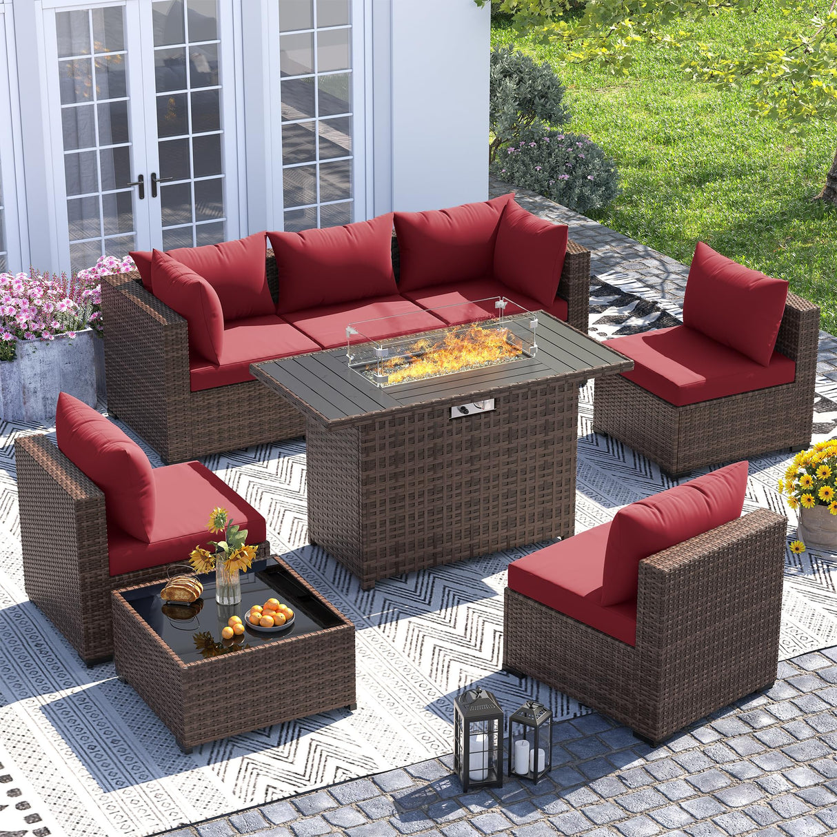 UDPATIO Outdoor Patio Furniture Set with Fire Pit Table, 8 Piece Outdoor Sectional Sofas, All-Weather Wicker Patio Conversation Set for Garden, Backyard Wine UDPATIO