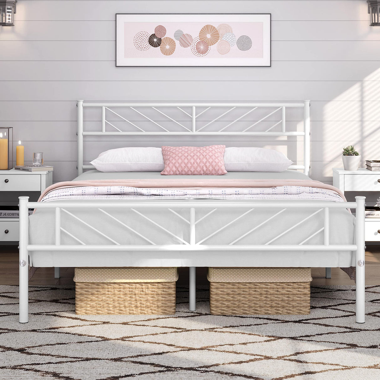 Yaheetech Full Size Platform Bed Frame with Arrow Design Headboard, 13 Inches Metal Mattress Foundation for Storage, No Box Spring Needed, Easy Assembly, Modern, White Yaheetech