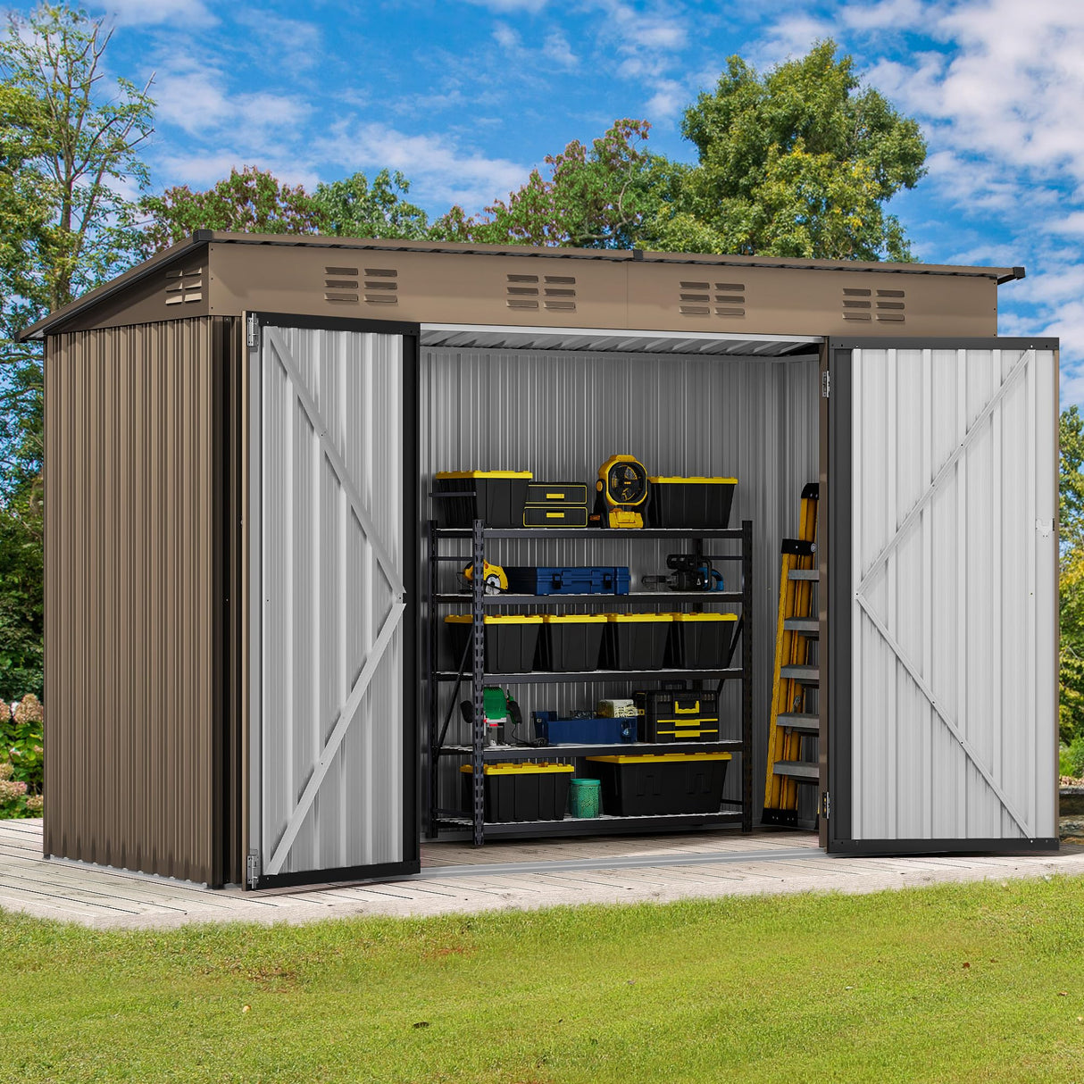 DWVO 9.1x4.2ft Large Outdoor Storage Shed, Metal Tool Sheds, Heavy Duty Tool Storage with Lockable Doors & Air Vent for Backyard Patio Lawn to Store Bikes, Tools, Lawnmowers,Brown DWVO