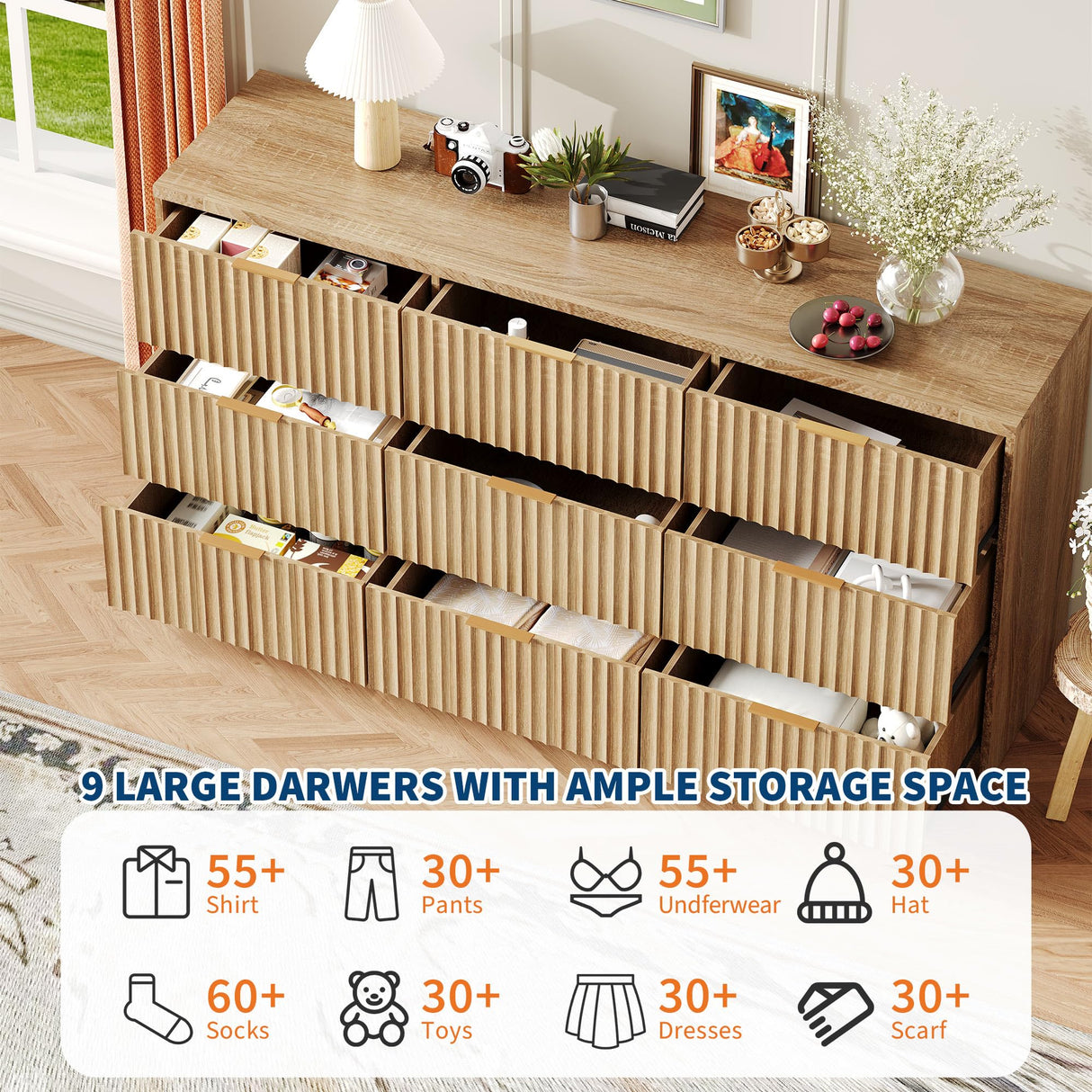 IDEALHOUSE 9 Drawer Dresser for Bedroom, Large Fluted Chest of Drawers, Wood Dressers Storage Organizer, Storage Cabinet for Bedroom Living Room Home Office IDEALHOUSE