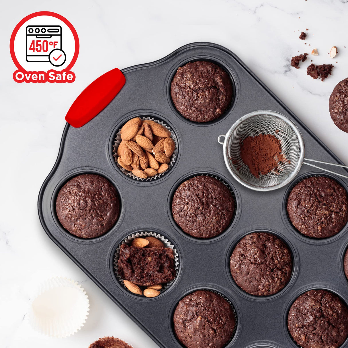 BAKKENMASTER Baking Set – 6 Piece Kitchen Oven Bakeware Set – Deluxe Non-Stick Black Coating Inside and Outside – Carbon Steel – Red Silicone Handles – PFOA PFOS and PTFE Free by Bakken Bakken- Swiss