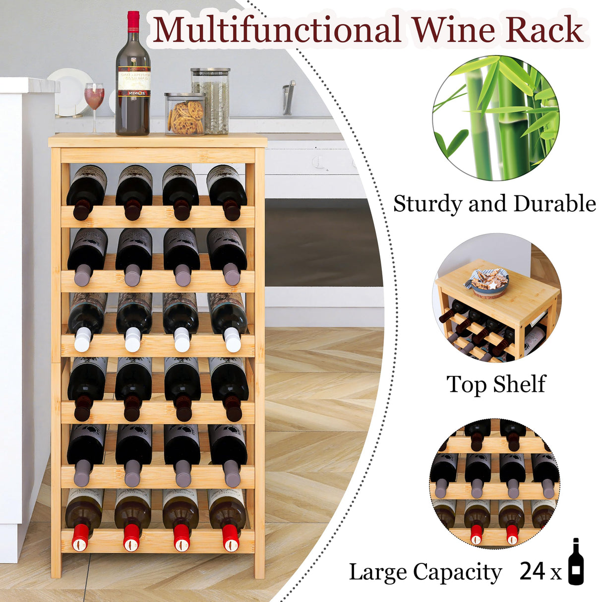 STELLSTAR 24 Bottles Floor Wine Rack with Tabletop, 6 Tier Bamboo Wine Display Storage Shelves, Wave Bars Freestanding Wine Bottle Organizer Shelf for Kitchen Pantry Cellar, Natural STELLSTAR