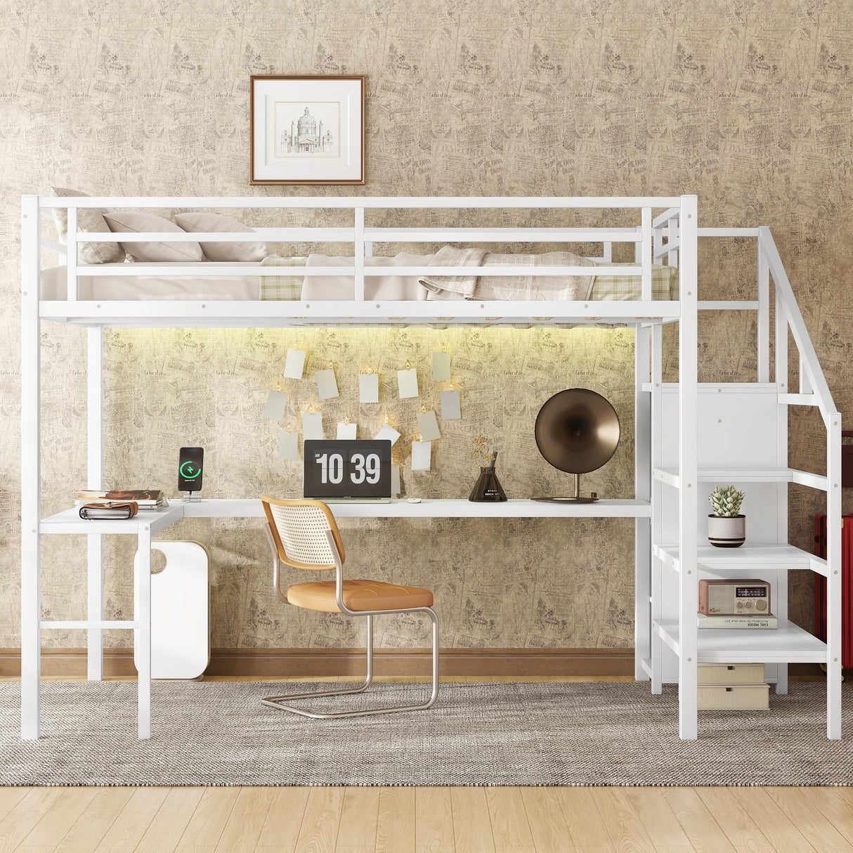 Full Loft Bed with Stairs and Wardrobe, Full Size Loft Bed with Desk and Storage, Metal Loft Beds with Charging Station and Light, White Bellemave