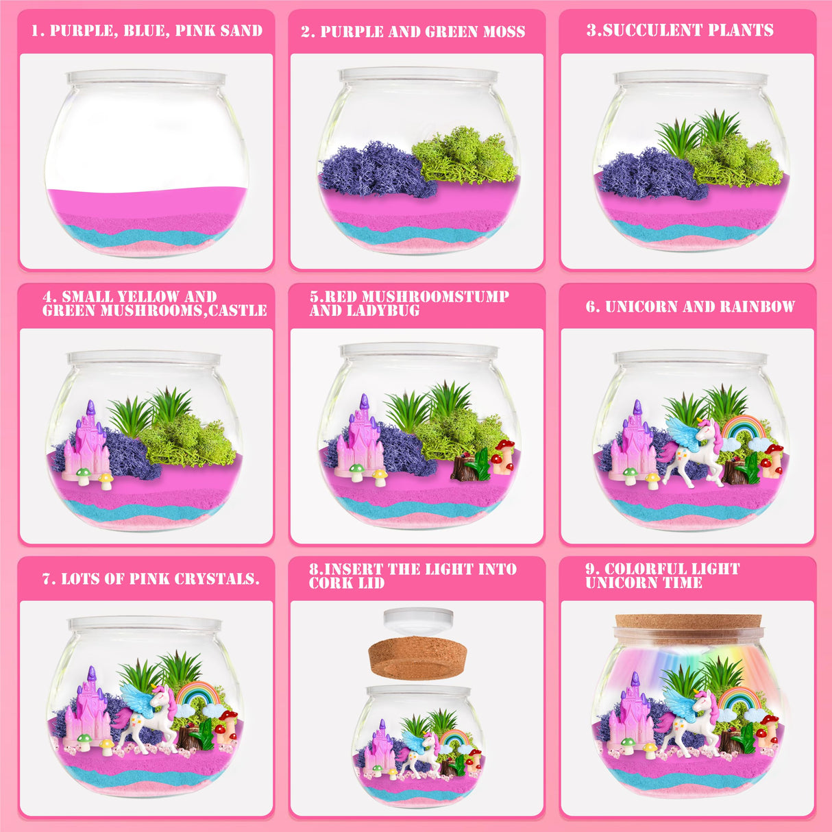 Unicorn Light-Up Terrarium Kit for Kids Birthday Gift for Girls Ages 4 5 6 7 8-12 Year Old - Unicorn Toys for Girls LED Night Light Birthday Gift DIY Arts and Crafts Kit for Kids AOFEGRLT