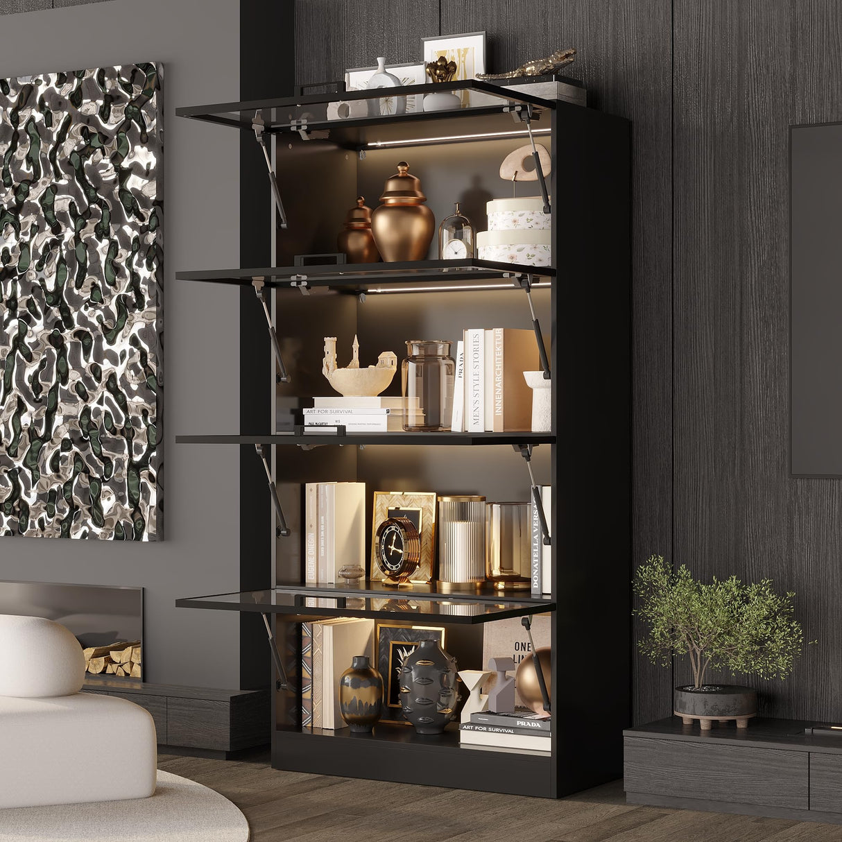 ECACAD 4 Tier Glass Display Cabinet with Light, Storage Curio Cabinet with Flip up Glass Doors, Collectors Showcase Figure Organizers Rack, Bookcase for Living Room/Home Office/Gaming Room,Black ECACAD