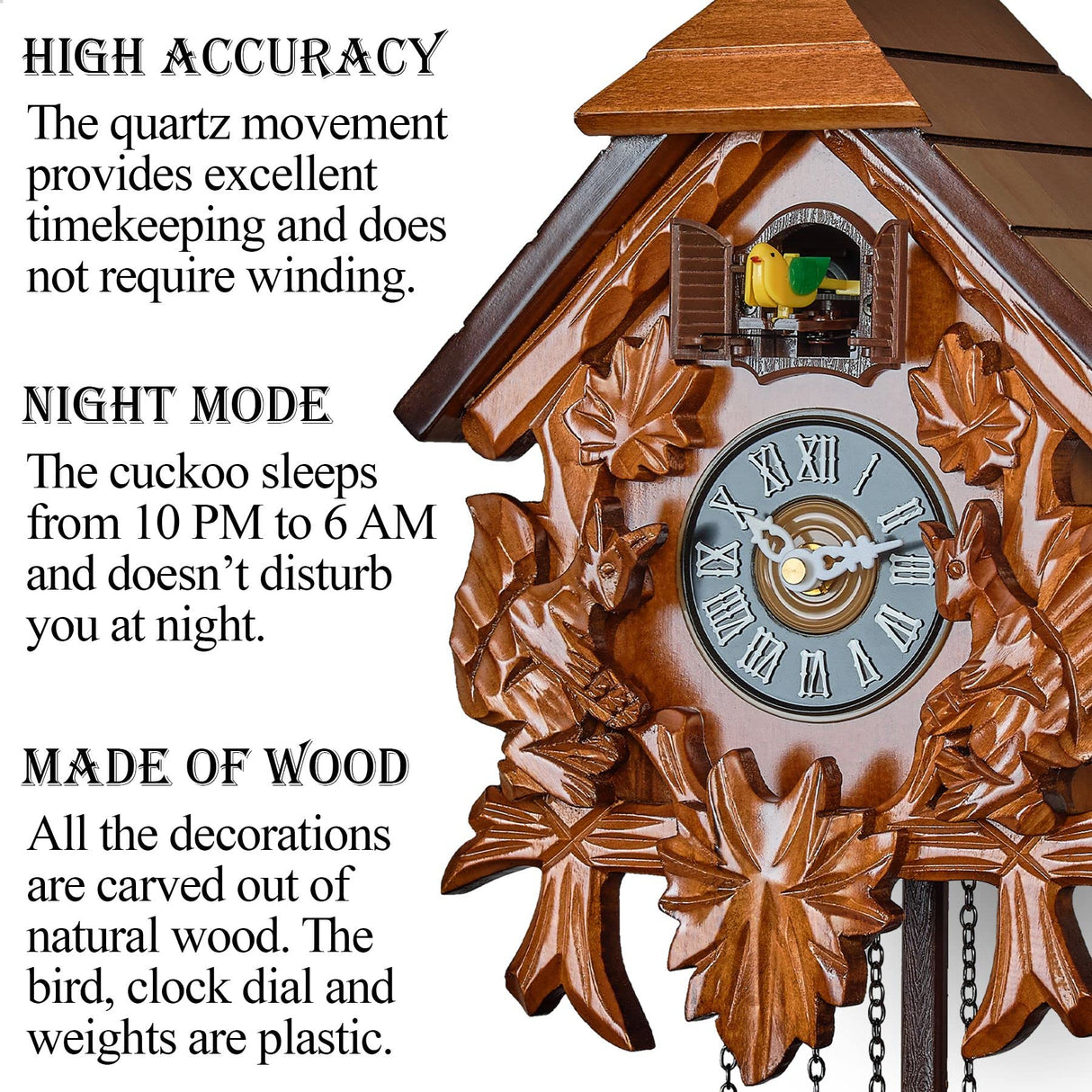 TIMEGEAR Cuckoo Wall Clock with Night Mode in Traditional German Style with Carved Squirrels (Cherry) TIMEGEAR