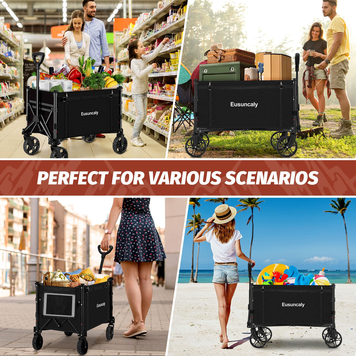 Eusuncaly Collapsible Wagon Cart with Wheels Foldable Wagon Folding Outdoor Utility Wagon Grocery Wagon for Camping Shopping Sports Gardeing Fishing (Black) Eusuncaly