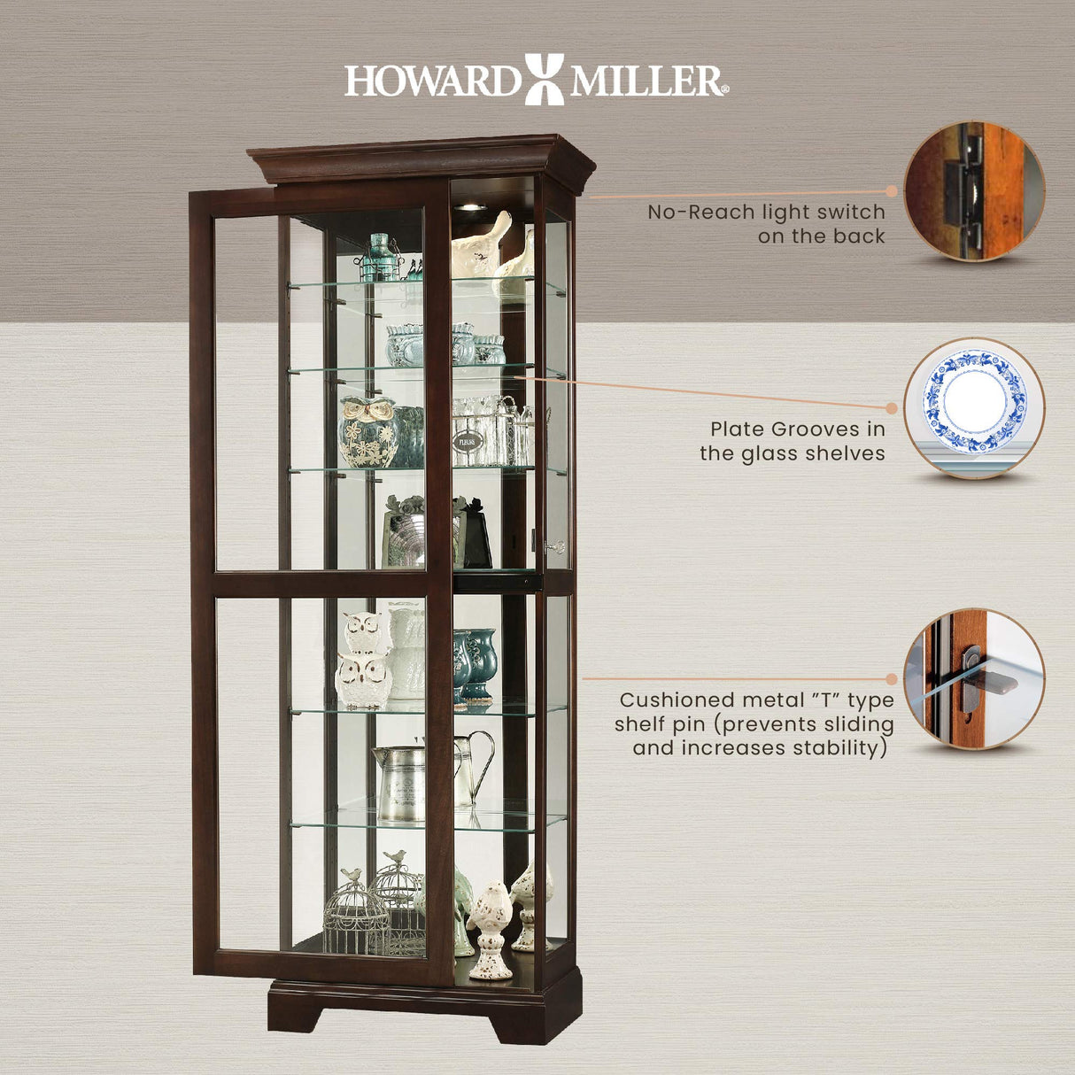 Howard Miller Martindale II Curio Cabinet II - Locking Slide Door, Metal Shelf Clips with Illuminated Espresso Finish Cabinets for Collectibles, Trophies, Home Decor, Living Room Or Dining Area Howard Miller
