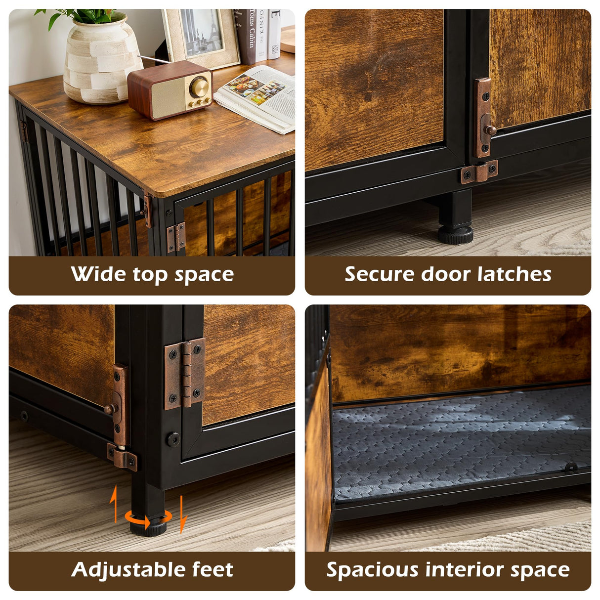 KOOPRO 43.7" Inch Dog Crate Furniture with Cushion for Large Dogs, Wooden Heavy Duty Dog Kennel with Double Doors Indoor, Decorative Pet House Dog Cage Side End Table, Rustic Brown KOOPRO