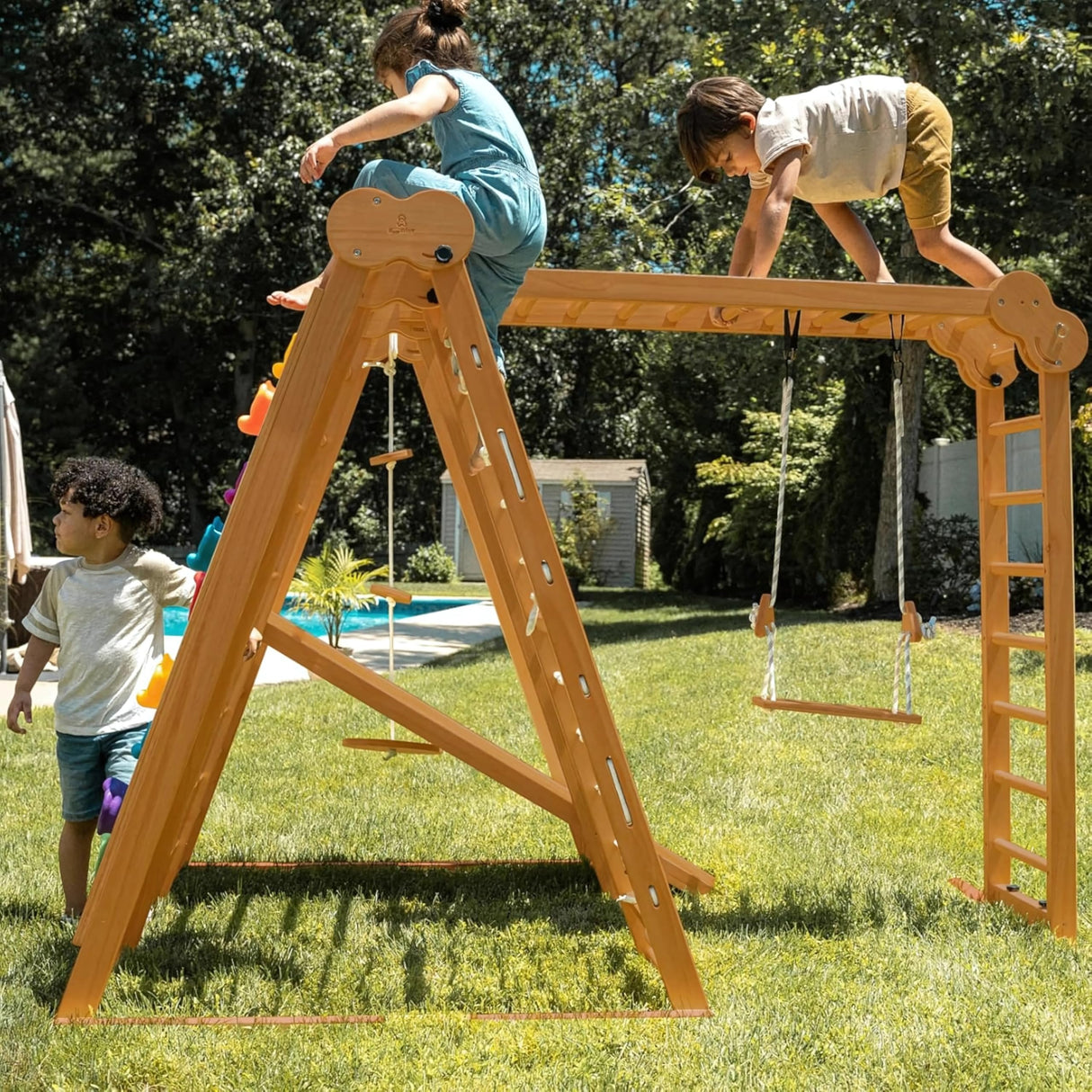 Avenlur 8-in-1 Small Indoor/Outdoor Playset – Foldable Wooden Kids Play Set for Backyard – Kid Playground for Toddlers Age 2–6 with Slide, Monkey Bars, 2 Ladders, 2 Swings, Rock Climbing, Gym Rings Avenlur