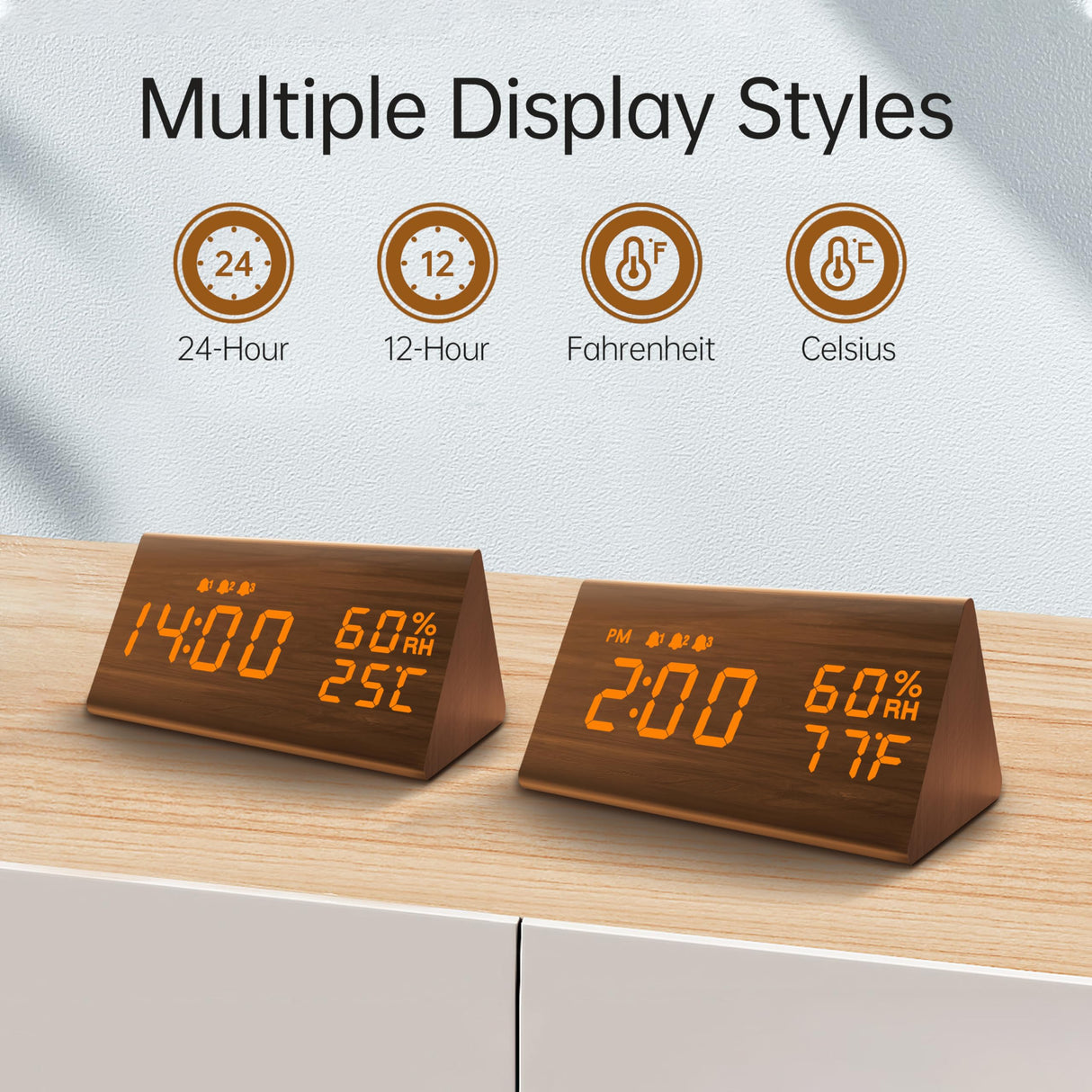 JALL Digital Alarm Clock, with Wooden Electronic LED Time Display, 3 Alarm Settings, Humidity & Temperature Detect, Wood Made Electric Clocks for Bedroom, Bedside (Brown) JALL