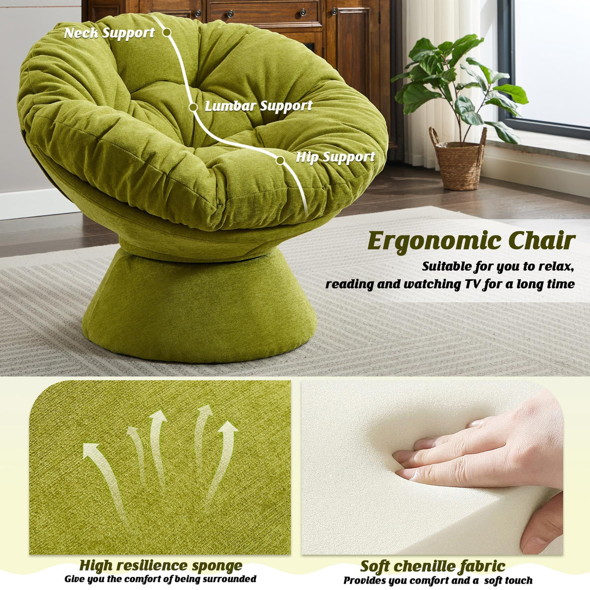 Papasan Chair with Cushion and Frame, 360° Swivel Accent Chair, Comfy Chenille Upholstered Round Modern Oversized Reading Lounger with Metal Base Lazy Chair for Bedroom, Living Room, Olive Green SLEERWAY