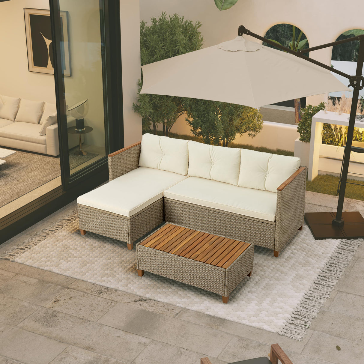 WiberWi Patio Furniture Set 3 Piece Outdoor Sectional Sofa Couch All Weather Rattan Wicker Conversation Set with Acacia Wood Coffee Table for Backyard Porch Garden Balcony, Waterproof, Beige WiberWi