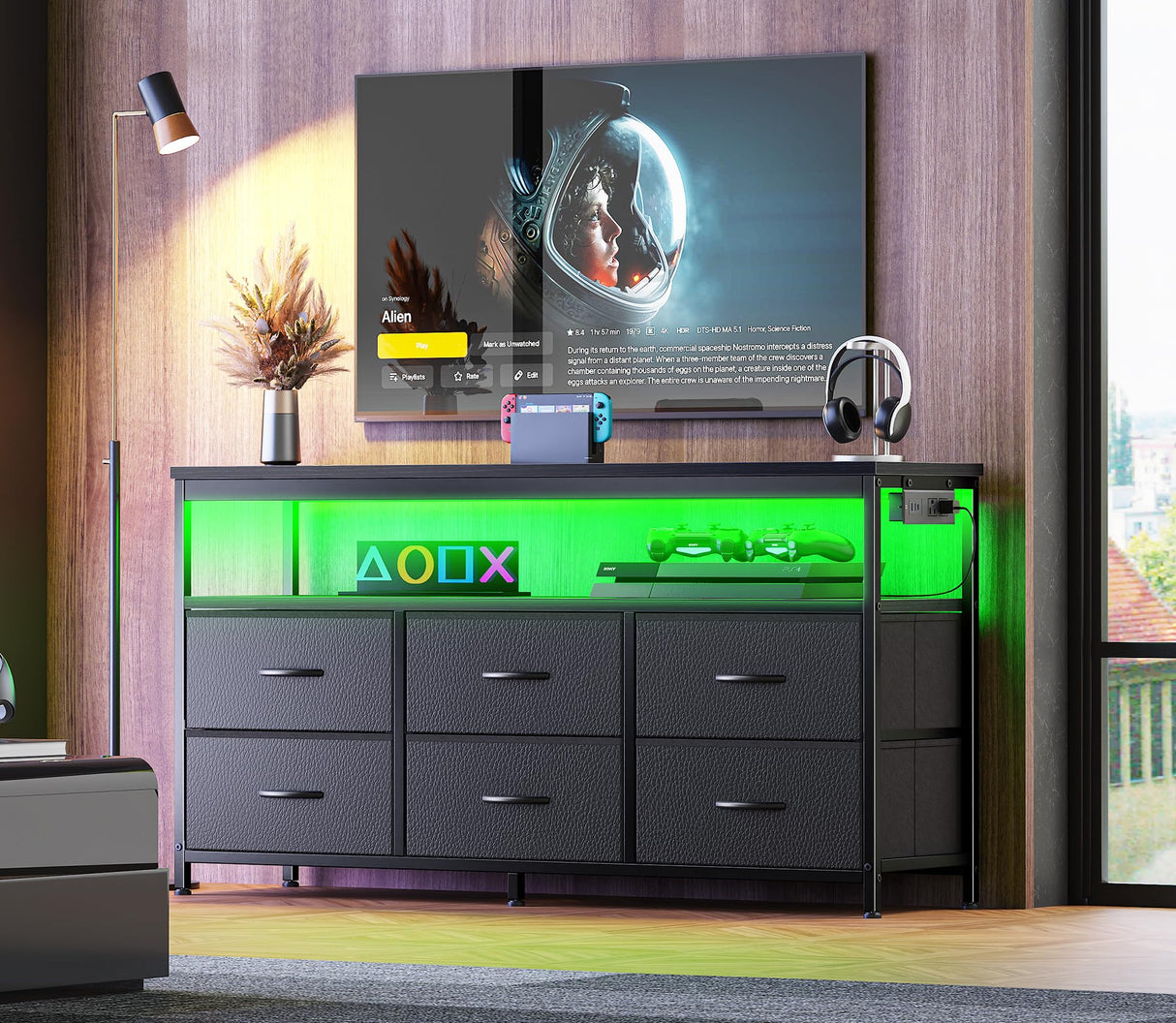 Huuger LED TV Stand for Bedroom, 47 Inch Dresser with Power Outlets, Entertainment Center for 55, 50, 43 Inch TV, 6 Drawer Dresser for Bedroom, Chest of Drawers with Open Shlef, PU Leather, Black Huuger