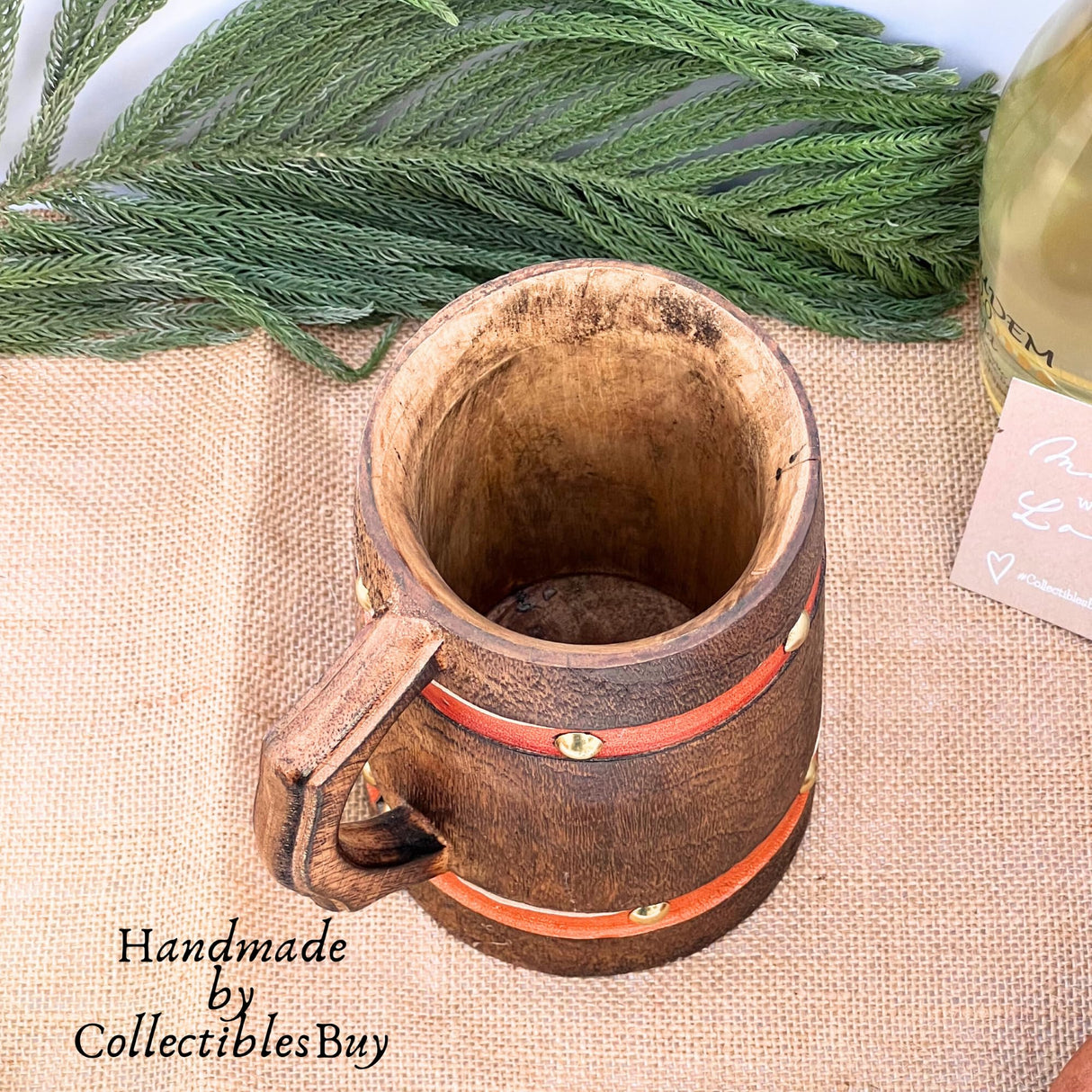 collectiblesBuy Handmade Wooden Tankard Mug Drinking Beer Coffee Tea Stein Rustic Knitted Orange Leather Strap Wooden Beverages Home & Table Decor collectiblesBuy