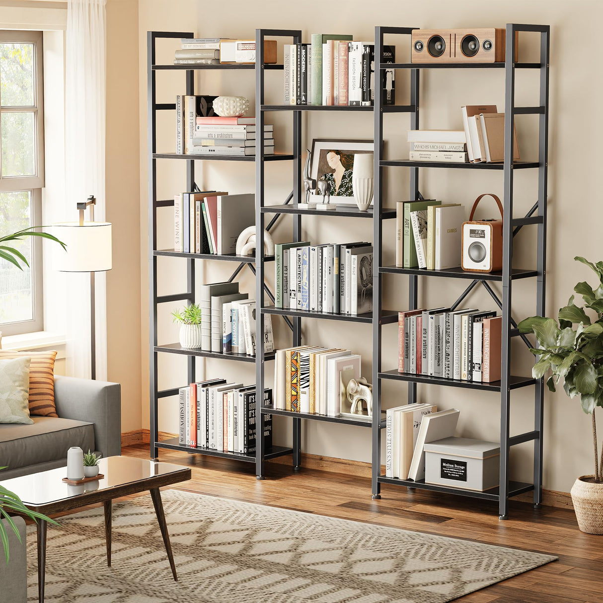 SUPERJARE Triple 5 Tier Bookshelf, Bookcase with 14 Open Display Shelves, Wide Book Shelf Book Case for Home & Office, Black SUPERJARE