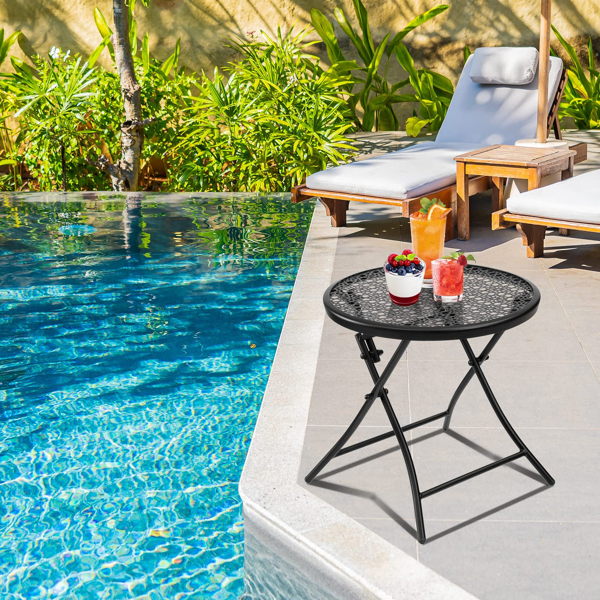 TeoKJ Folding Outdoor Side Tables, Anti Rust Small Patio Table Round Metal Nightstand with Flower Cutouts for Porch Yard Balcony Deck Lawn, Black TeoKJ