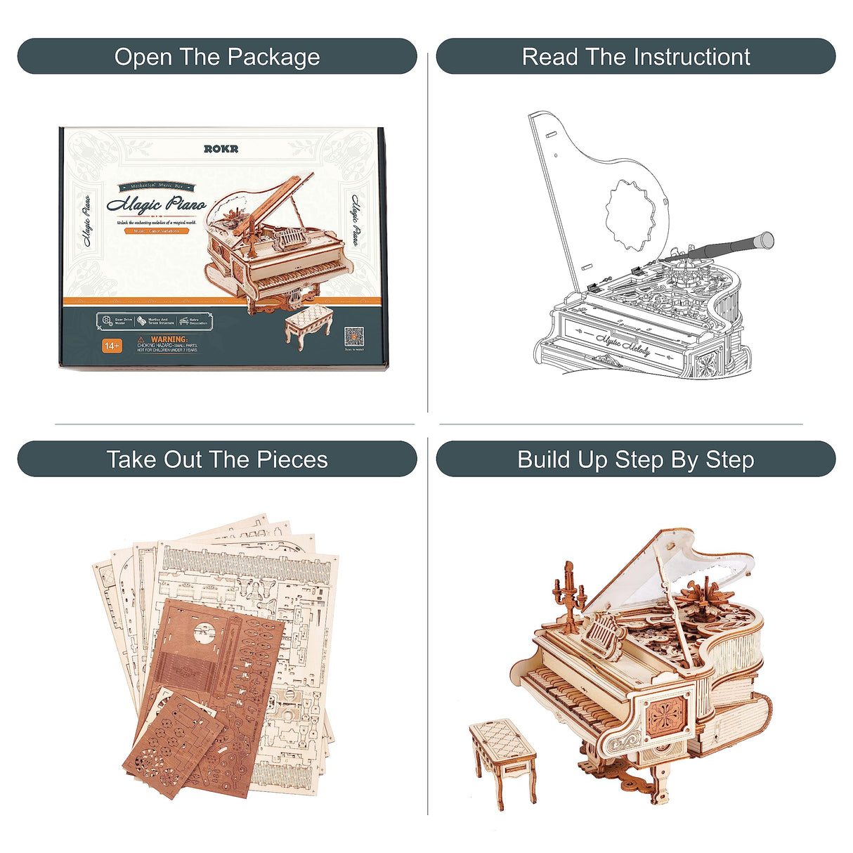 ROKR 3D Wooden Puzzles for Adults 223pcs Piano Model Kit 1:20 Scale Building Puzzles Wooden Music Box Unique Gift for Men Women Hobbies for Birthday Christmas ROKR