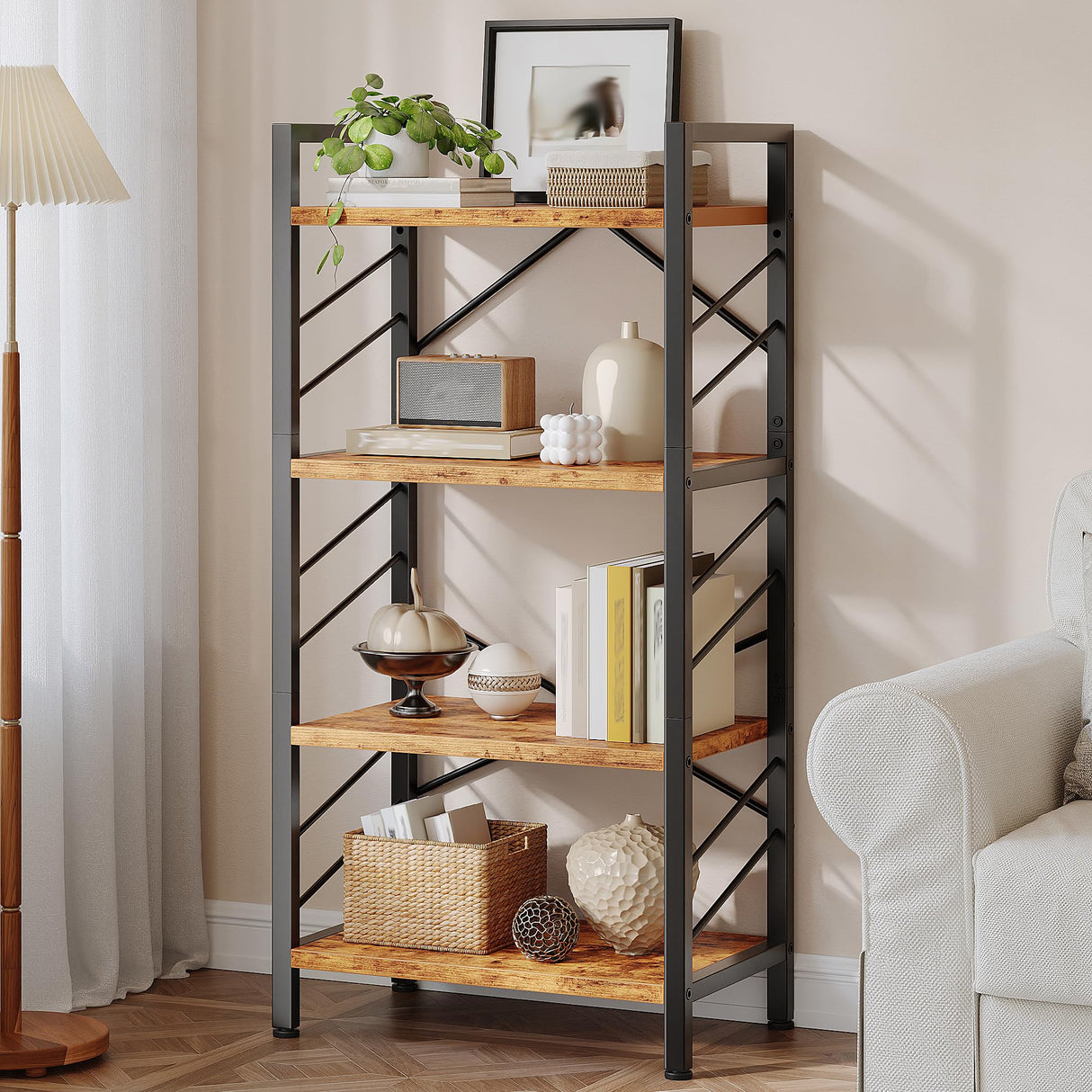 DurayLoly 4 Tier Bookshelf, Industrial Bookcase with Metal Frame and Sidebars, Small Bookshelf for Bedroom, Home Office and Living Room, Rustic Brown DurayLoly