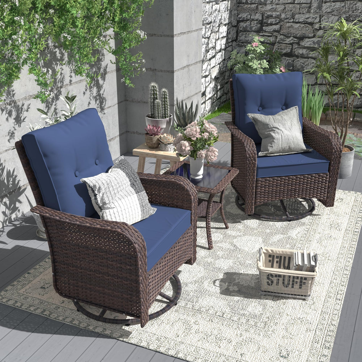 ALAULM 10 Pieces Patio Furniture Set with 2 Swivel Chairs Wicker Patio Conversation Set, Outdoor Sectional Furniture w/Coffee Table & Washable Seat Cushions-Dark Blue ALAULM