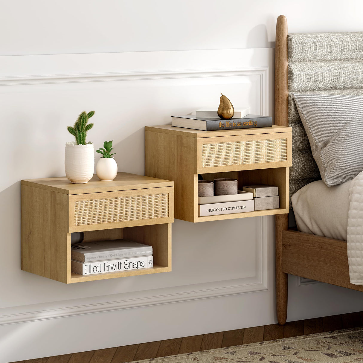 EYYTHUNG Small Rattan Floating Nightstands with Drawer Set of 2, Wall Mounted Night Stand with Open Compartment Modern Wooden Bedside Table Storage Cabinet for Bedroom, Entryway Natural Oak EYYTHUNG