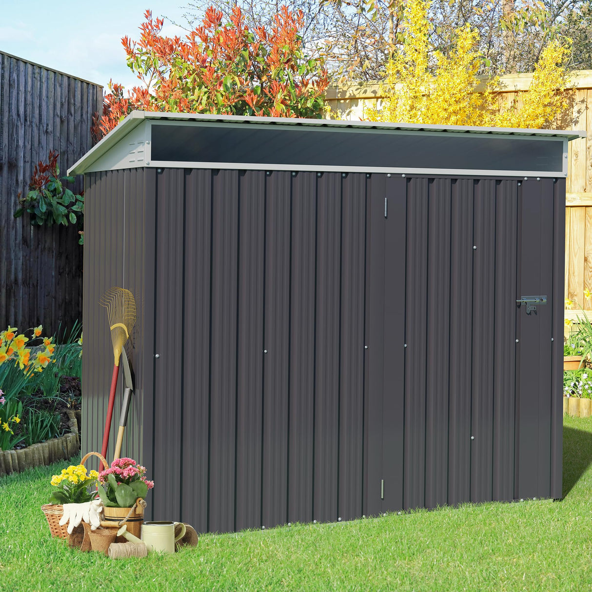 Vongrasig Outdoor Storage Shed, 6 x 4 FT Outside Metal Garden Shed with Window and Lockable Door, Waterproof Tool Shed for Backyard Patio, Lawn and Garden (Dark Gray) Vongrasig