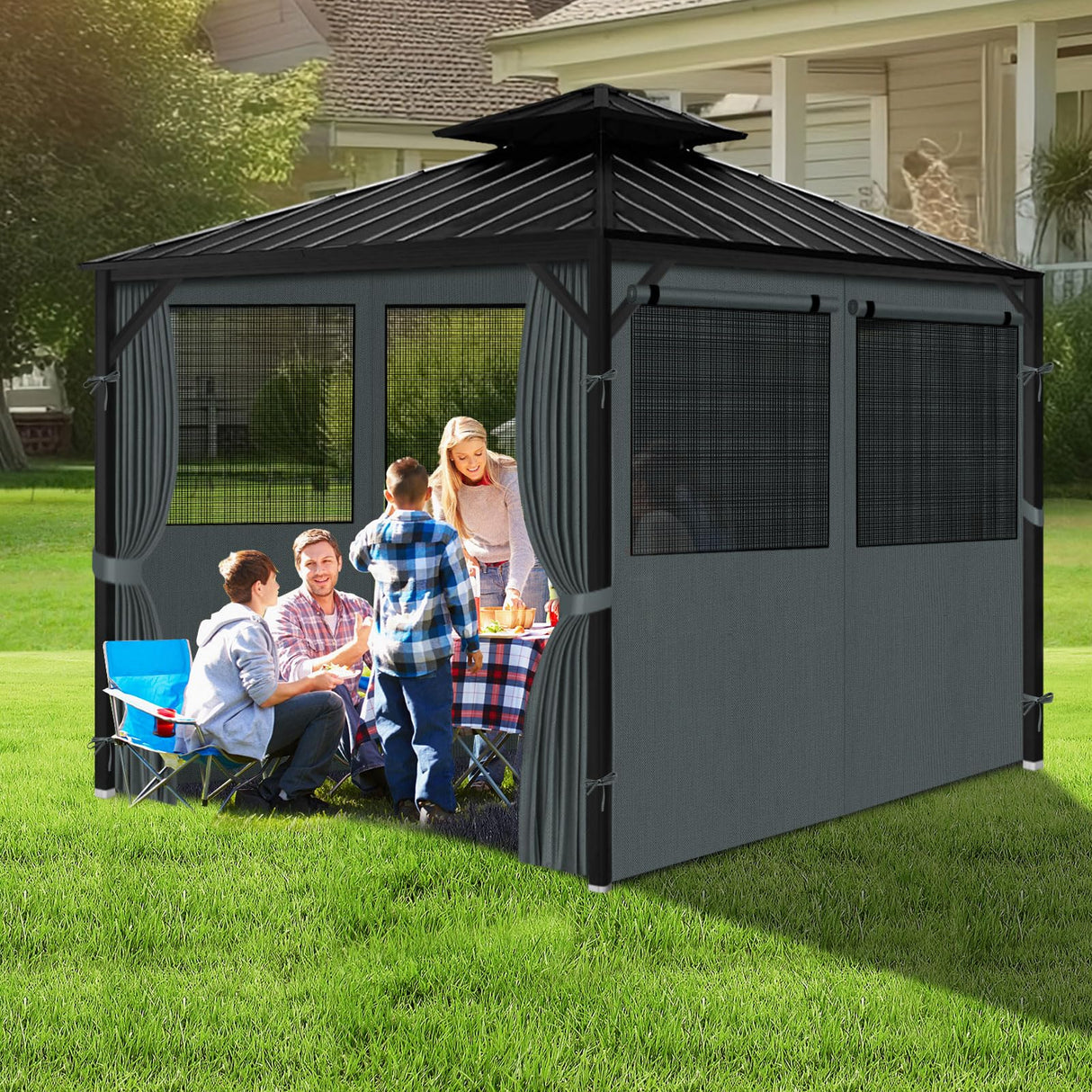 Gazebo Privacy Curtain 10'x10', Replacement Curtains with Mosquito Net Windows, 4-Panels Side Wall, Zippers, Waterproof Outdoor Curtains for Patio, Canopy, Garden and Backyard, Gray (Curtain Only) Bstge