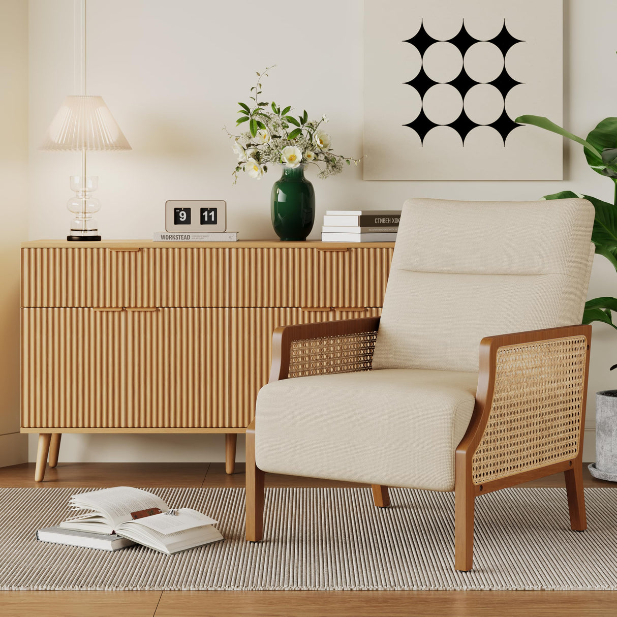 Aklaus Mid Century Accent Chair with Rattan Armrest, Upholstered Living Room Chairs Lounge Fabric Reading Chairs Side Sitting Farmhouse Chair for Living Room, Bedroom, Balcony, Beige Aklaus