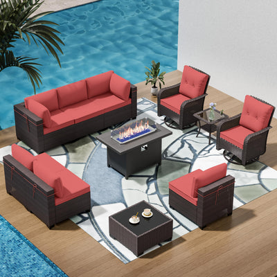 RTDTD 11 Pieces Outdoor Patio Furniture Set Outdoor Furniture Patio Sectional Sofa Conversation Sets w/ETL Approved 45" Gas Outdoor Fire Table & Coffee Table, Swivel Rocking Chair (Red)