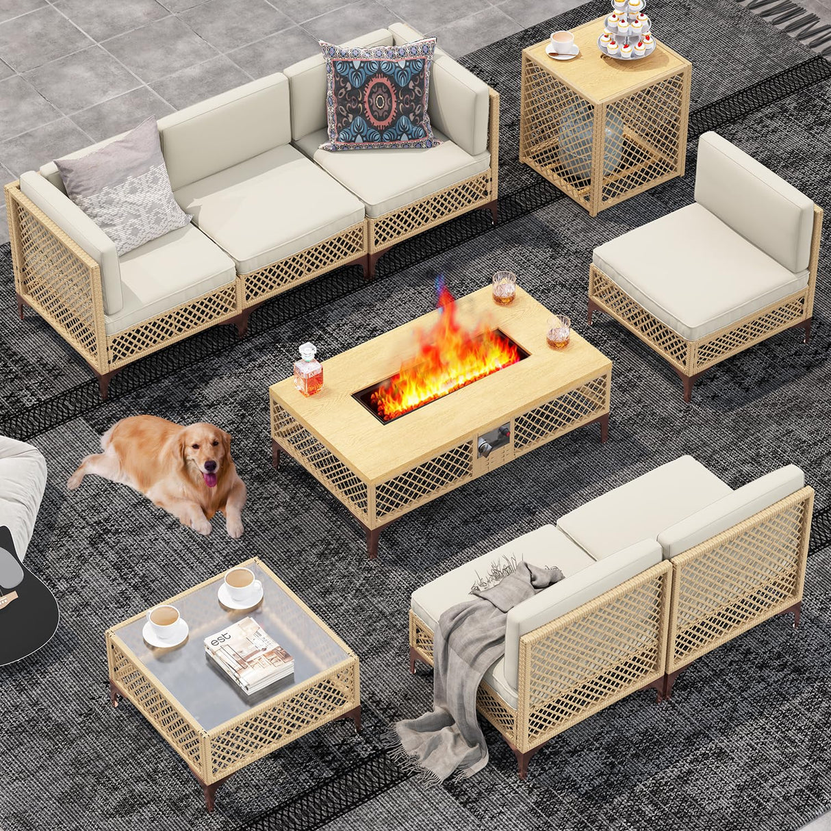 9-Piece Outdoor Patio Furniture Set with Large Fire Pit Table, Boho Wicker Outdoor Conversation Sectional Set & 60,000 BTU Rectangle Propane Fire Pit, Storage Box & Tempered Glass Coffee Table LYNSLIM