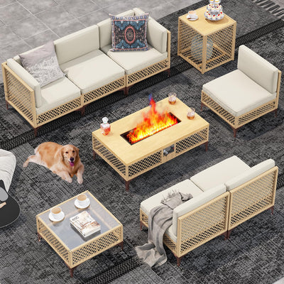 9-Piece Outdoor Patio Furniture Set with Large Fire Pit Table, Boho Wicker Outdoor Conversation Sectional Set & 60,000 BTU Rectangle Propane Fire Pit, Storage Box & Tempered Glass Coffee Table