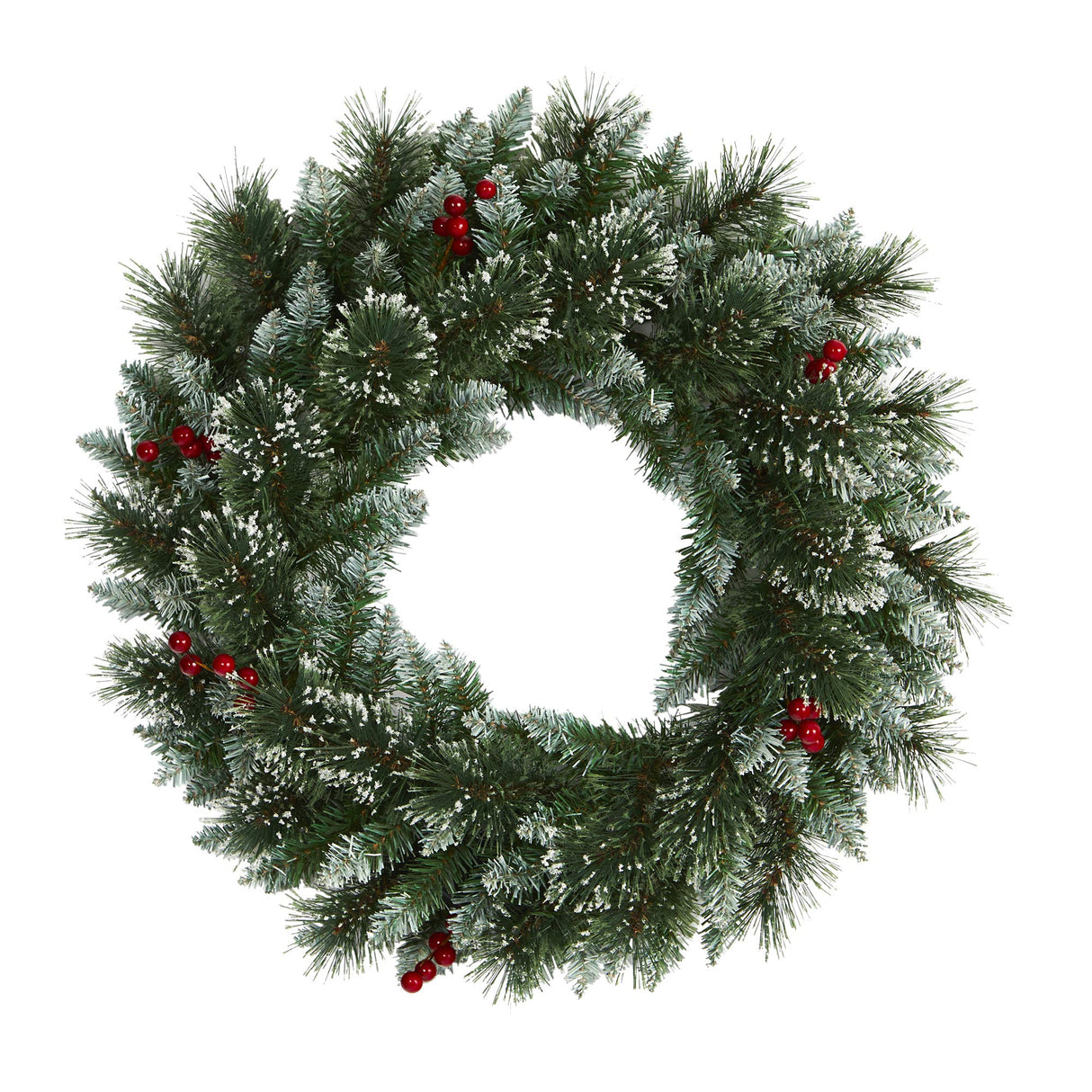 Nearly Natural 24in. Frosted Swiss Pine Artificial Wreath with 35 Clear LED Lights and Berries, Green, 5x24x24 Nearly Natural