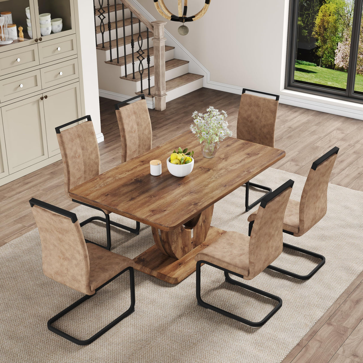 Btikita Dining Table Set for 6, Kitchen Table Chairs Set of 6, Modern Dining Room Set with 63 inch Wood Dinner Table Leather Upholstered Chairs for Kitchen (Brown, Wood Table with 6 Chairs) Btikita
