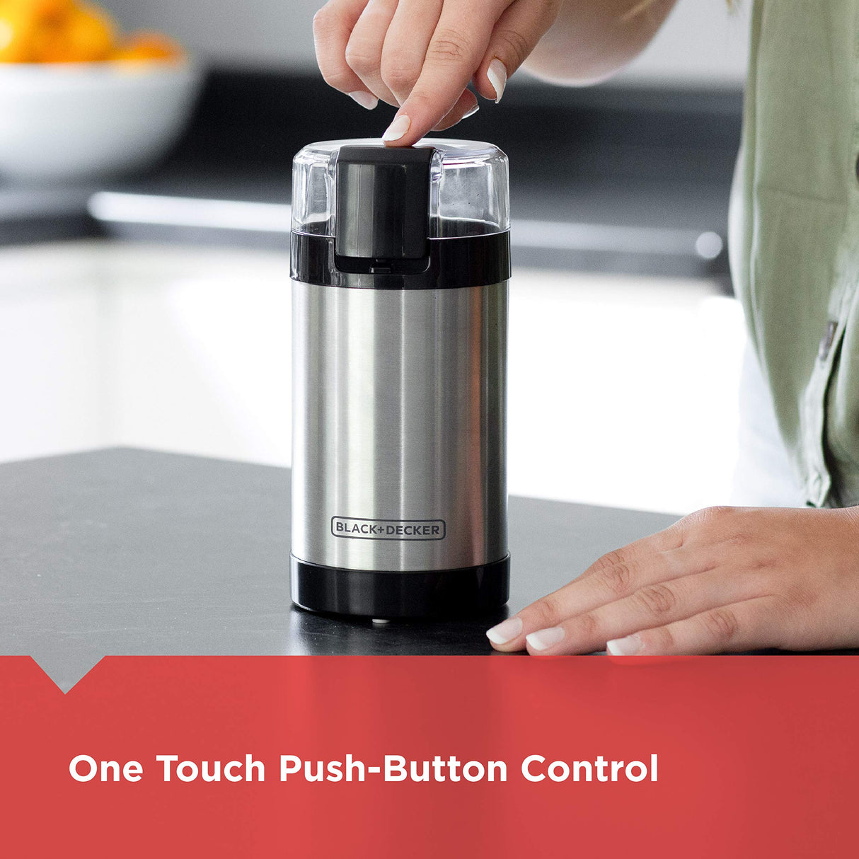 BLACK+DECKER One Touch Coffee Grinder, 2/3 Cup Coffee Bean Capacity, Spice Grinder, One Touch Push-Button Control -150 Watts -Stainless Steel Blades BLACK+DECKER