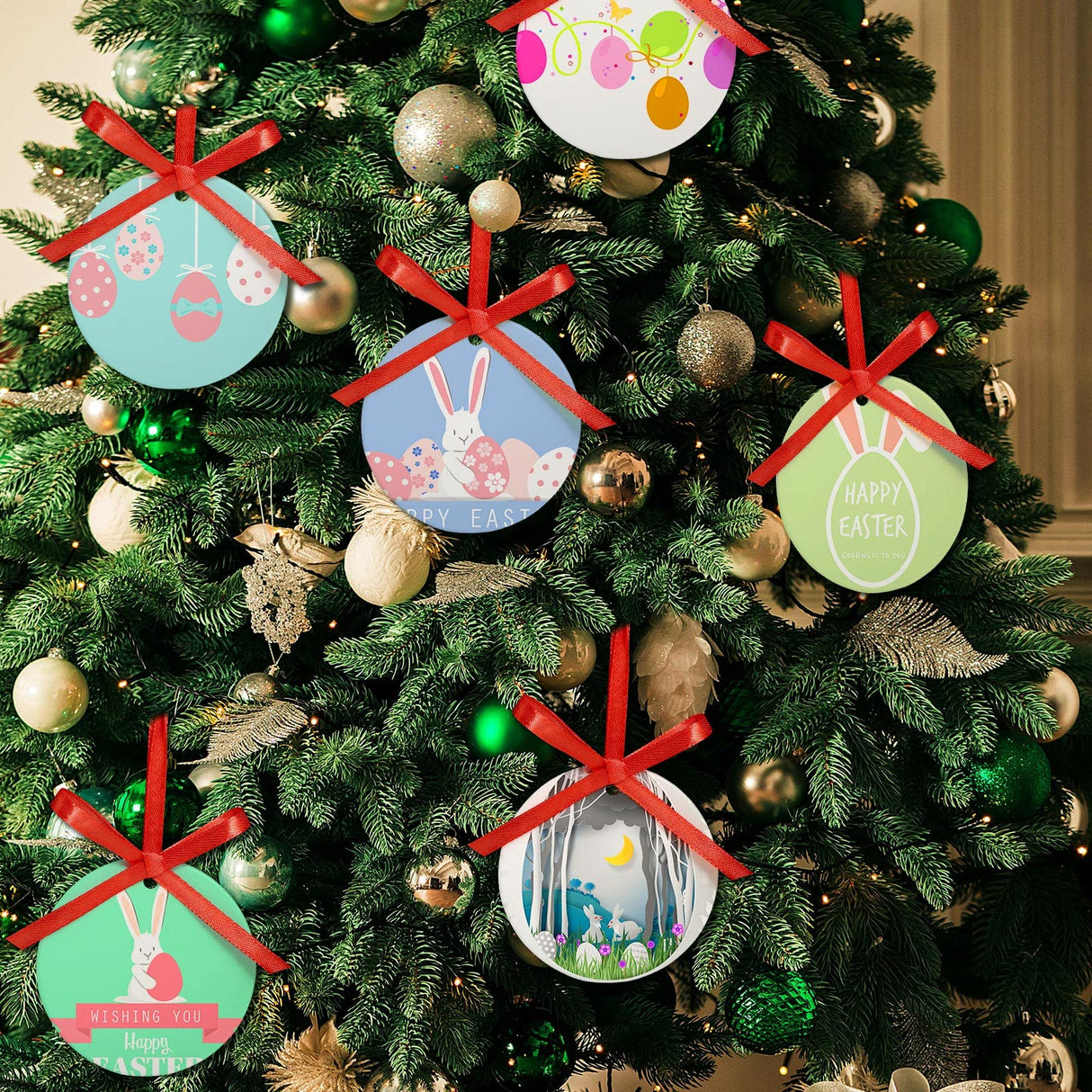 Sublimation Ceramic Ornaments 2.75 Inch Round White Ceramic Christmas Ornaments DIY Blank Hanging Ornaments Ceramic Personalized Tree Ornaments with Red Satin Ribbon (10 Pieces) Patelai